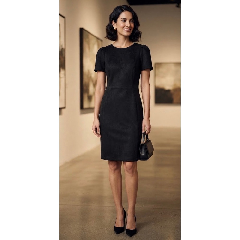 Calvin Klein Sheath Dress Womens 4 Black Minimalist Faux Suede Workwear Office